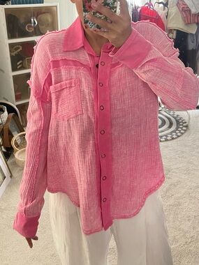Peach Love California Hot Pink Button-Up Gauze Shirt